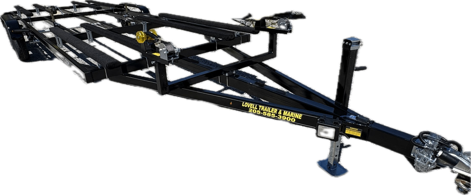 Black custom bunk trailer frame with Lovell Trailer & Marine decal